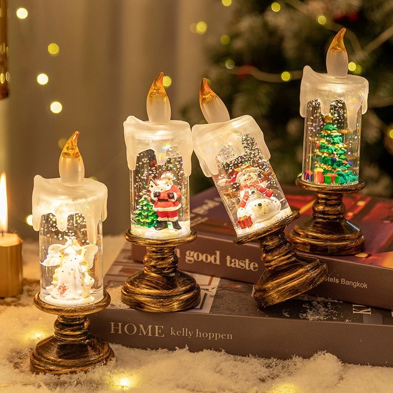 Candle Containers - โคมไฟตกแต่งคริสต์มาส 1 ชิ้น พร้อมเทียน โคมไฟคริสตัลบอล กล่องดนตรีลายเกล็ดหิมะ