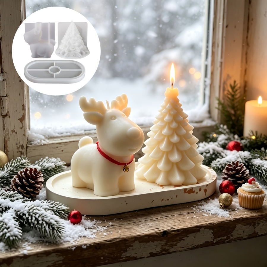 Candle Making Kit - ชุดแม่พิมพ์ซิลิโคนดินเหนียว 3 ชิ้น: กวางคริสต์มาส, ต้นคริสต์มาสสำหรับเทียน, และถาดทรงรี